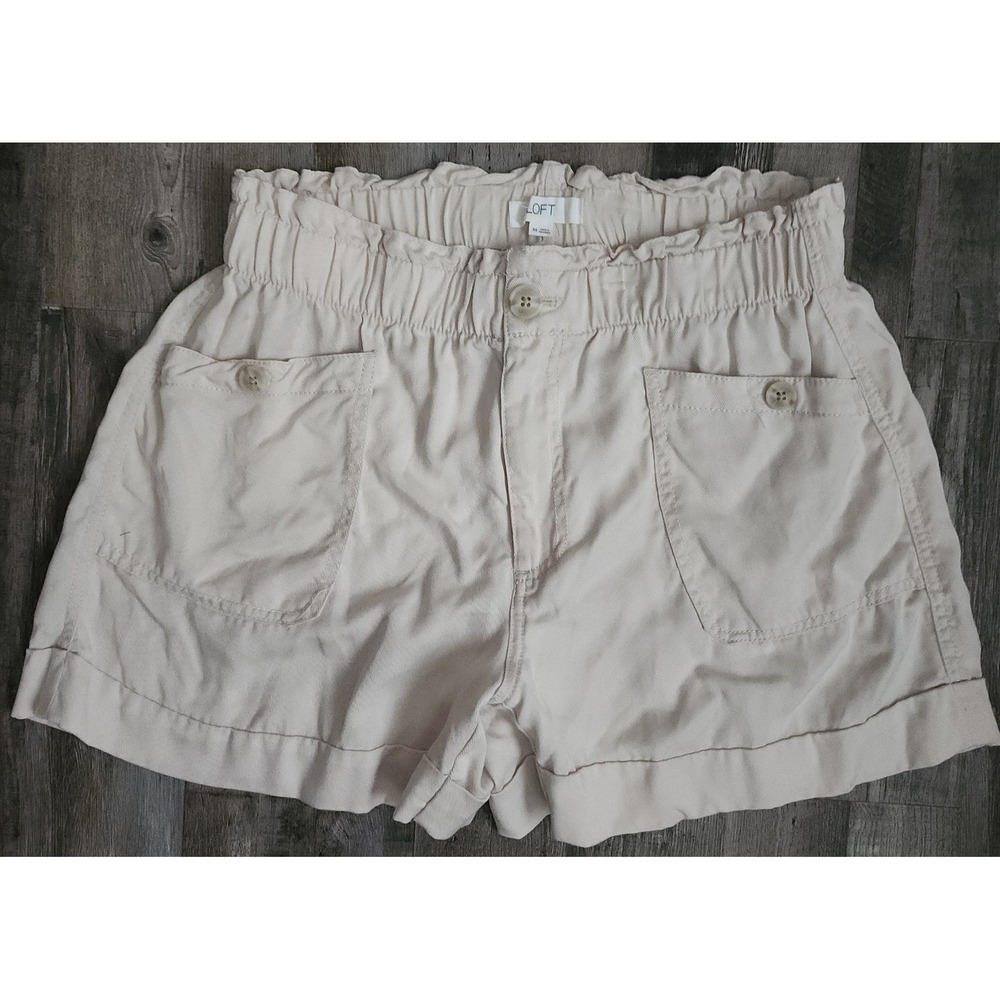 Loft Shorts Women Size M Beige Paperbag Waist Lyocell Cuffed Utility Pockets